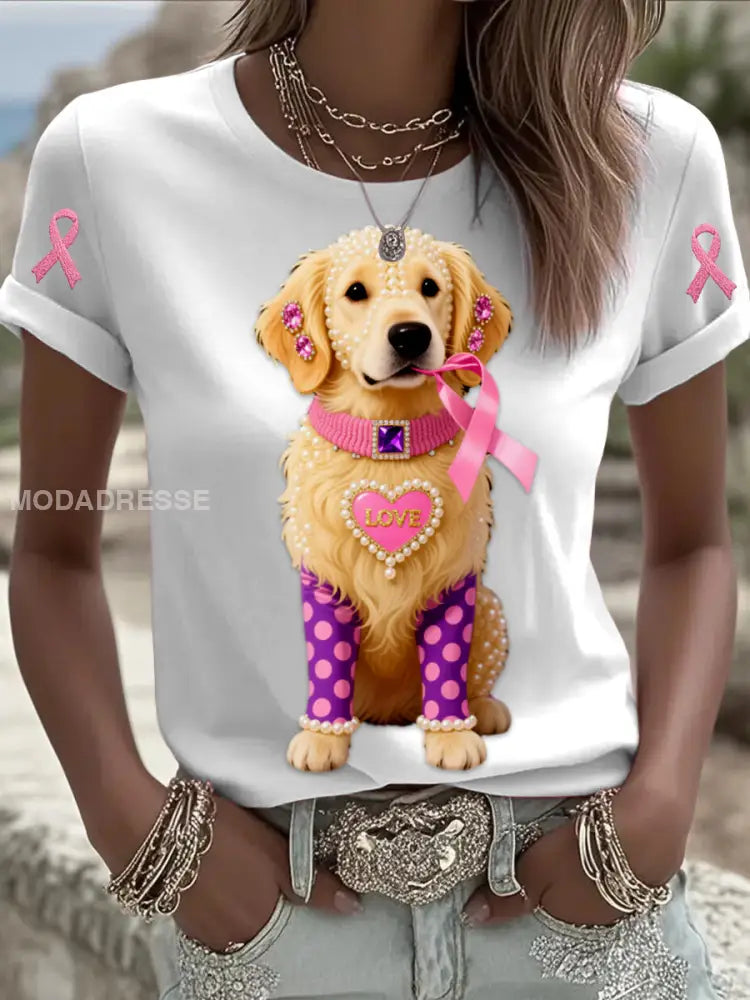 Retro Bröstcancer Pearl smycken älskar söta hund Print Bekväm Casual bomull Kort ärmade T shi. rt vitt / S
