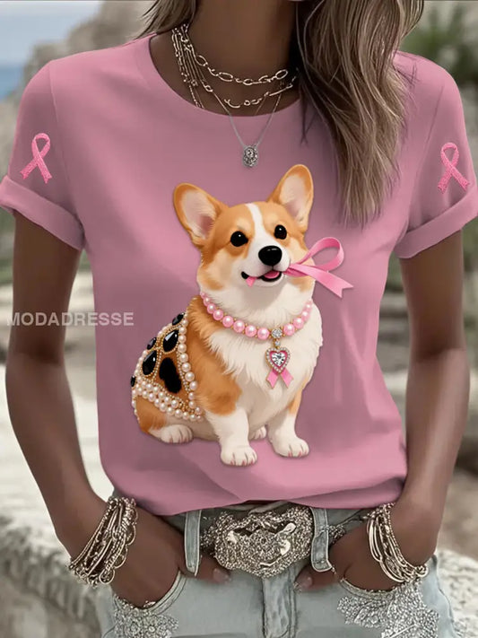 Retro Bröstcancer Pearl smycken Corgi Puppy Skriv ut bekväm Casual bomull Kortarmad T shirt t vitt / S