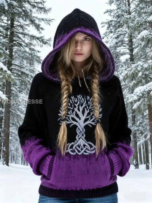 Retro Celtic Knop träd av liv gradient Skriv ut huvad mörkt / S