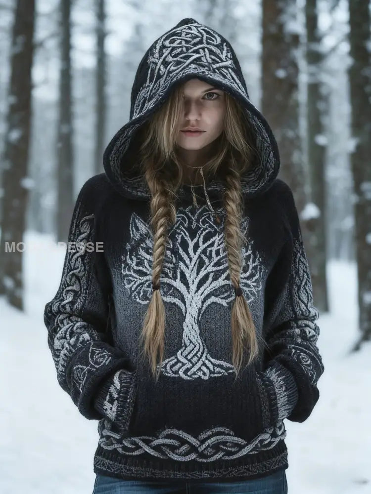 Retro Celtic Knop träd av liv gradient Skriv ut huvad svart / S