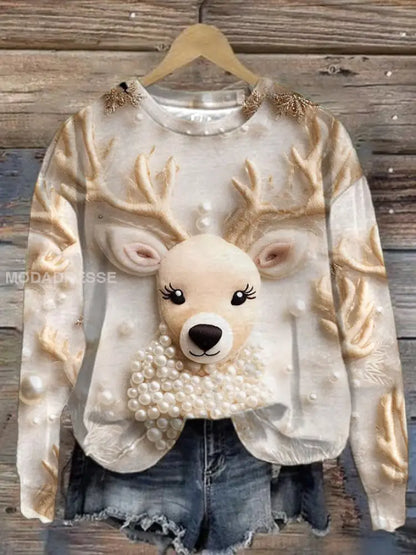 Retro Christmas Deer Print Fashionable Round Hals Pullover Lång ärm Sweatshirt A / S