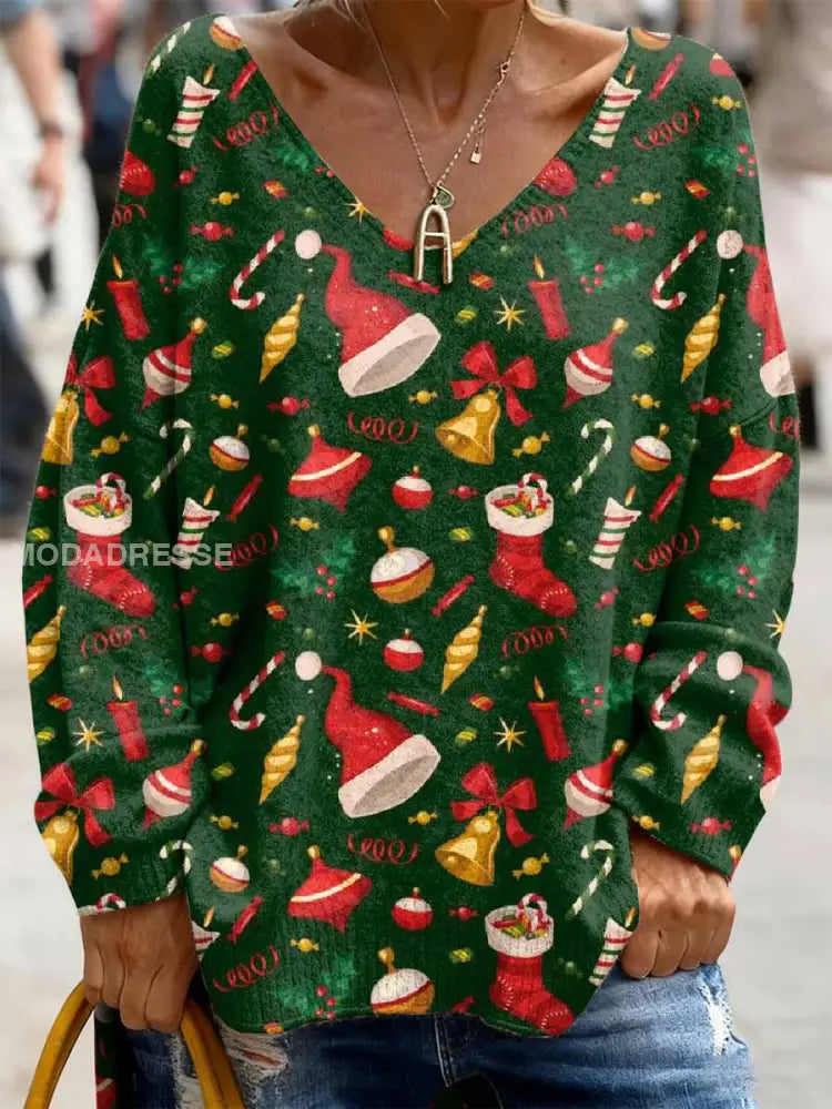 Retro Christmas Print Casual Lång ärm topp som bild / S
