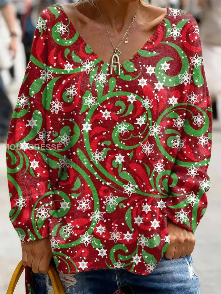 Retro Christmas Print Casual Lång ärm topp som bild / S