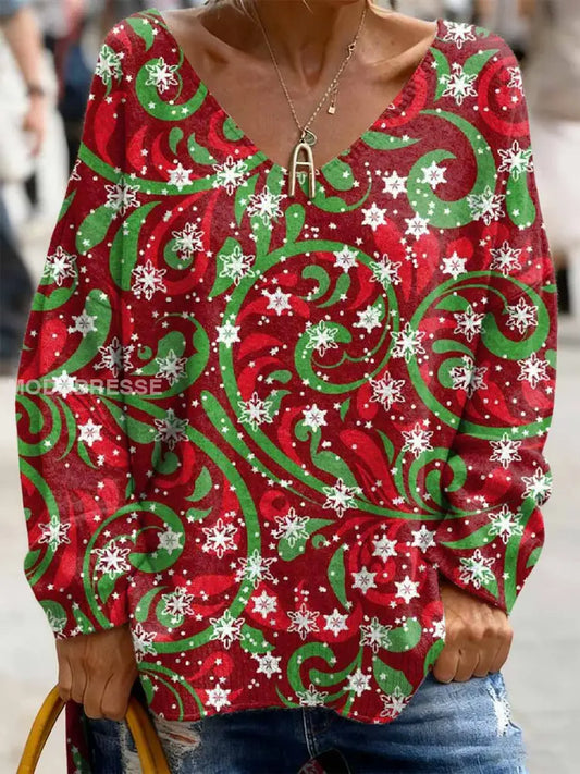 Retro Christmas Print Casual Lång ärm topp som bild / S