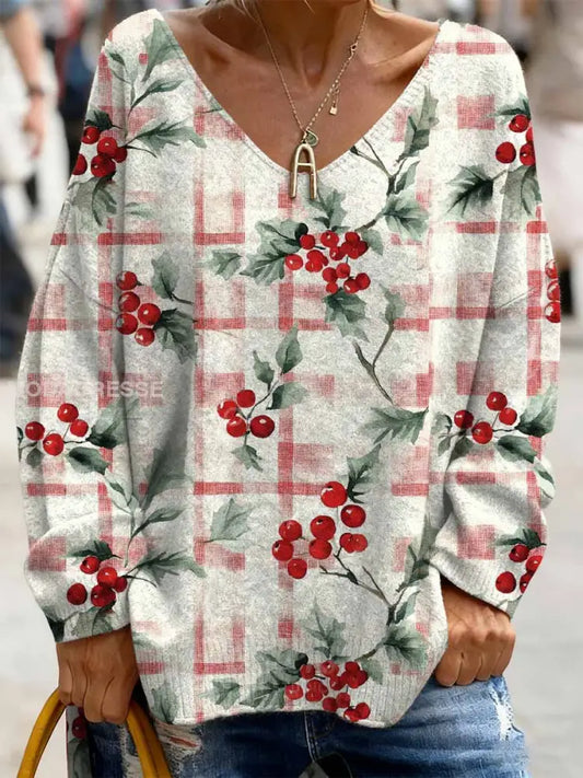 Retro Christmas Print Casual Lång ärm topp som bild / S