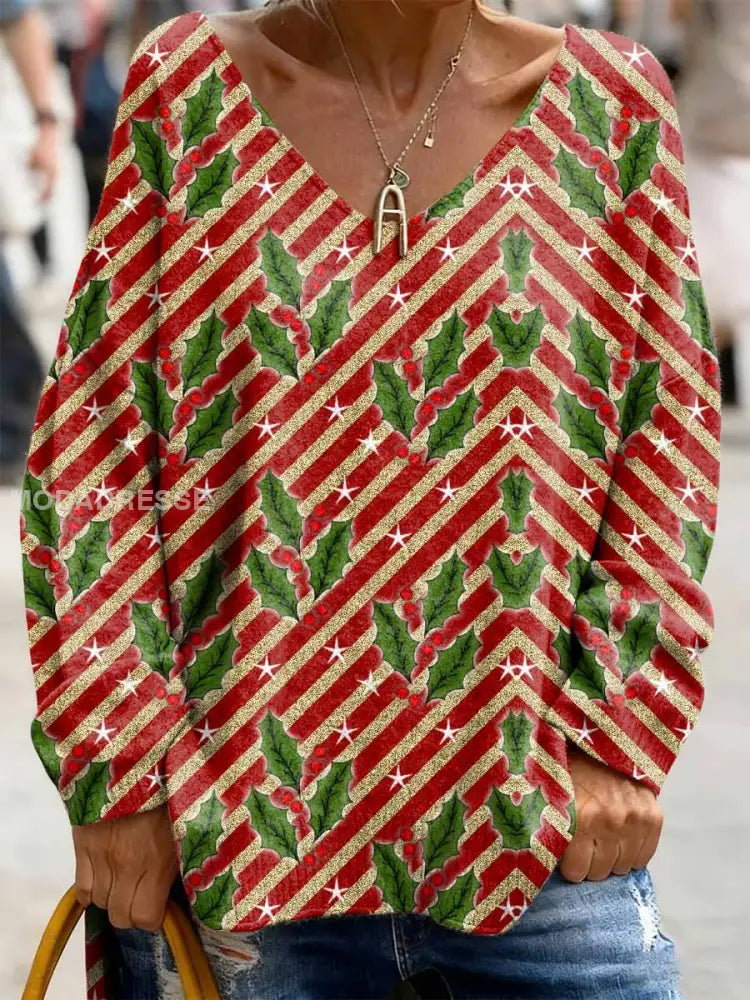 Retro Christmas Print Casual Lång ärm topp som bild / S