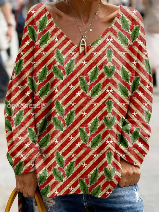 Retro Christmas Print Casual Lång ärm topp som bild / S