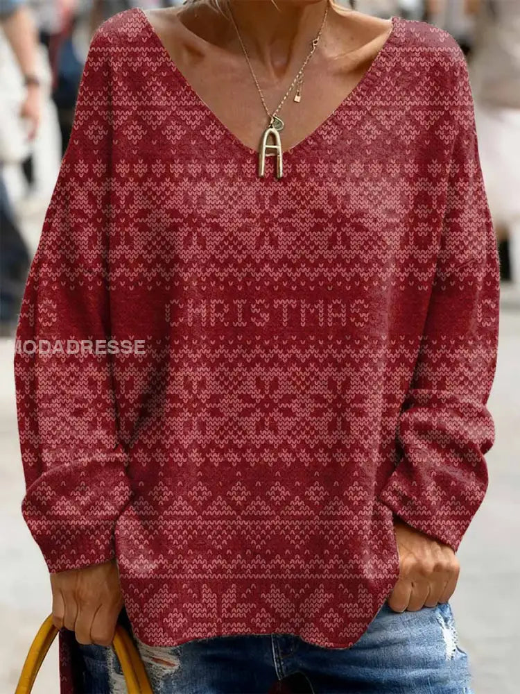 Retro Christmas Print Casual Lång ärm topp som bild / S