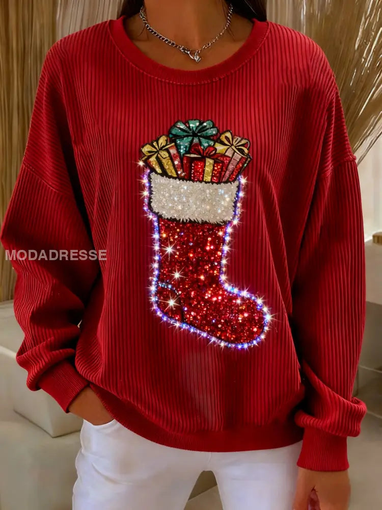 Retro Christmas Stocking Gåvor Paljetter Lös Långärmad Sweatshirt röd / S