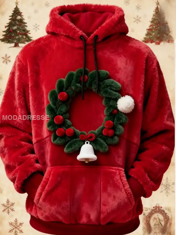 Retro Christmas Wreath Print Fleece Pocket Hooded Sweatshirt röd / S