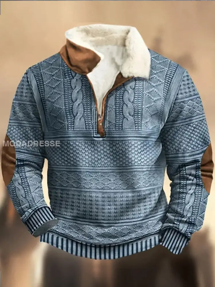 Retro Cowboy teksturmønster trykt Western Furry Lapel Zipper V-Hacks utendørs tykk sweatshirt A / S