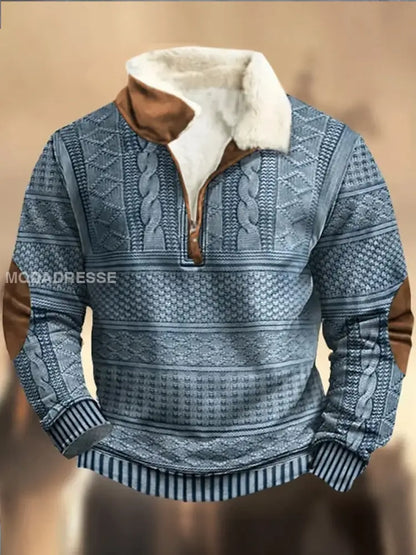 Retro Cowboy teksturmønster trykt Western Furry Lapel Zipper V-Hacks utendørs tykk sweatshirt A / S