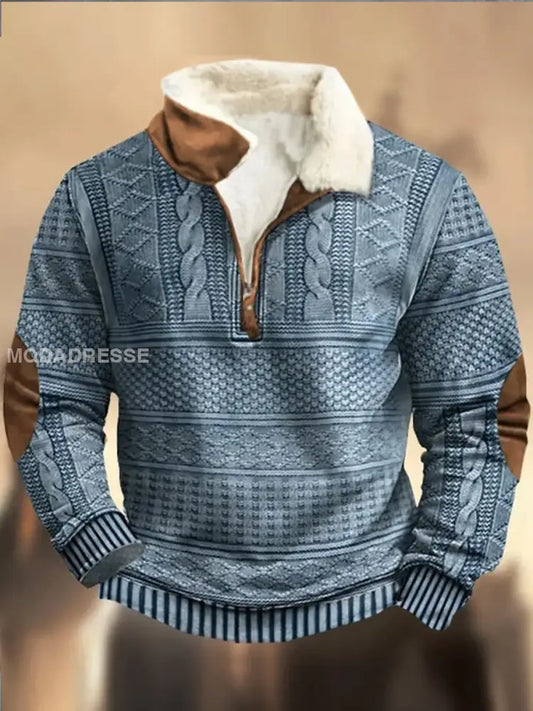 Retro Cowboy teksturmønster trykt Western Furry Lapel Zipper V-Hacks utendørs tykk sweatshirt A / S