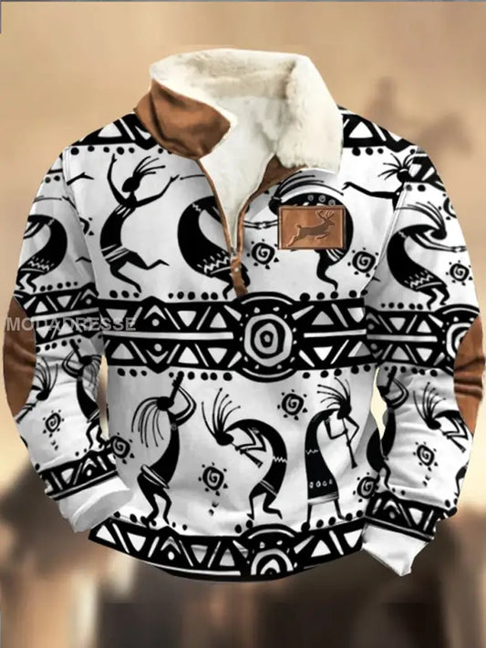Retro Cowboy teksturmønster trykt Western Furry Lapel Zipper V-Hacks utendørs tykk sweatshirt A / S
