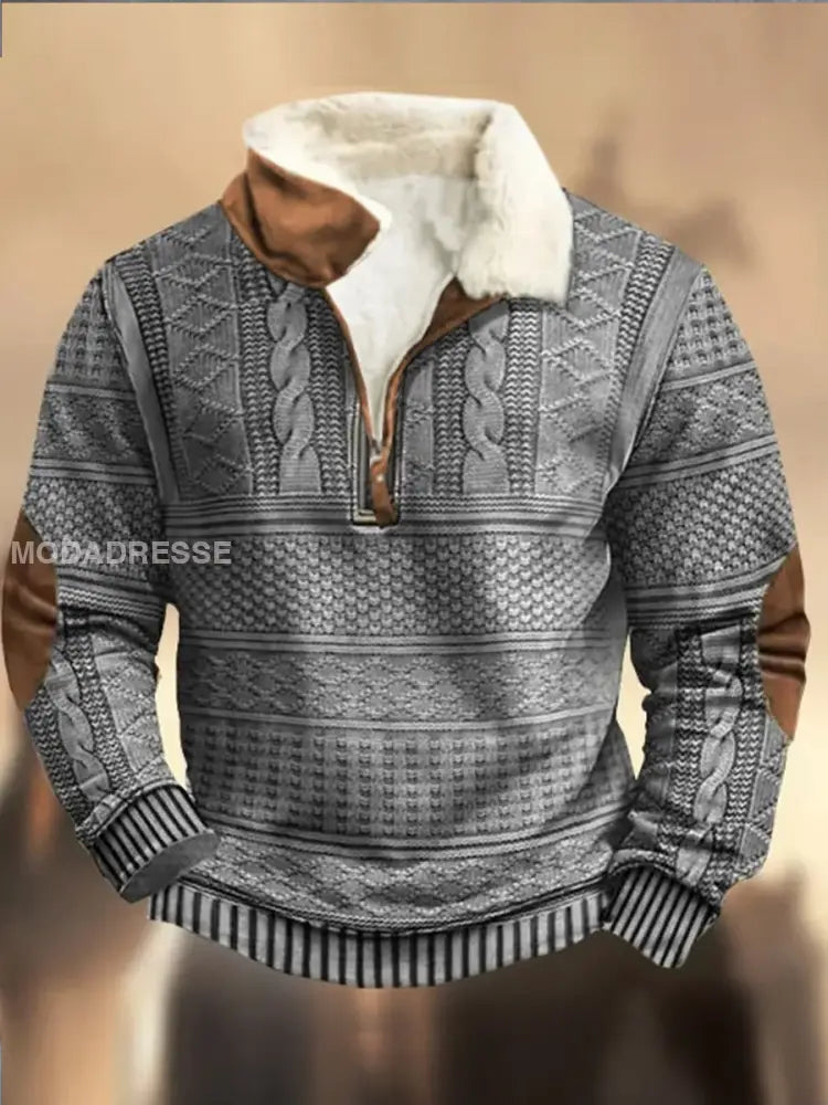 Retro Cowboy teksturmønster trykt Western Furry Lapel Zipper V-Hacks utendørs tykk sweatshirt B / S