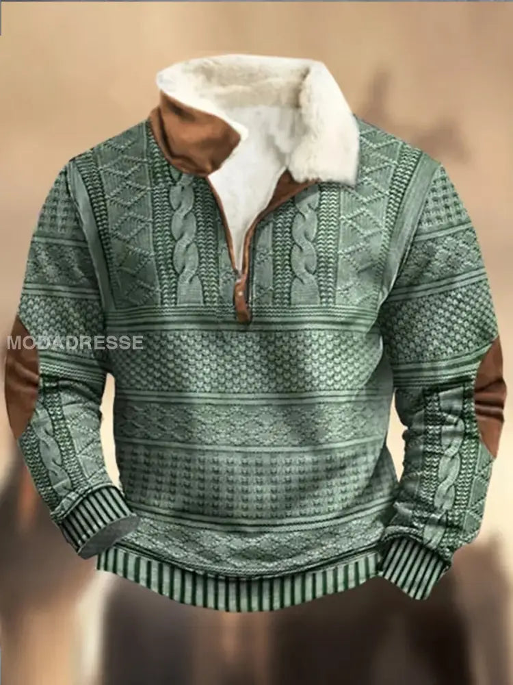 Retro Cowboy teksturmønster trykt Western Furry Lapel Zipper V-Hacks utendørs tykk sweatshirt C / S