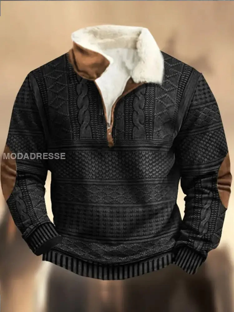 Retro Cowboy teksturmønster trykt Western Furry Lapel Zipper V-Hacks utendørs tykk sweatshirt D / S