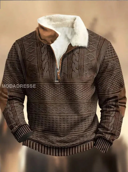 Retro Cowboy teksturmønster trykt Western Furry Lapel Zipper V-Hacks utendørs tykk sweatshirt E / S