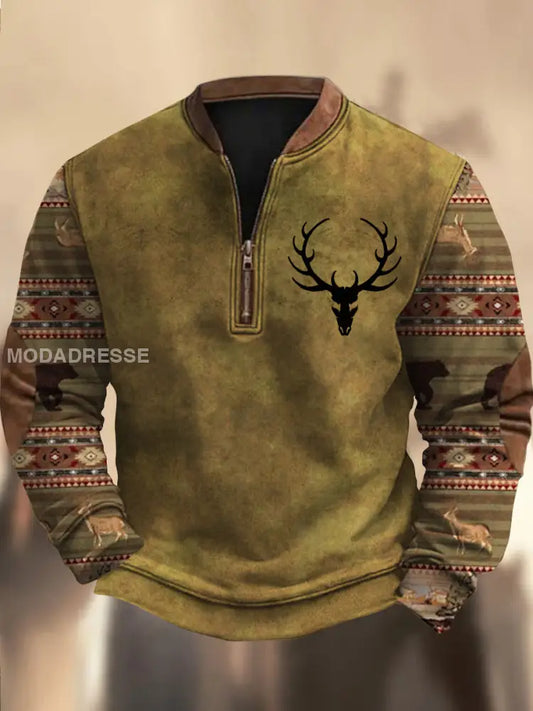 Retro Cowboy teksturmønster trykt Western Vintage blikk V-hals utendørs tykk sweatshirt A / S