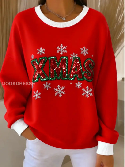 Retro jul snöflingor Paljetter Loose Långa ärmad tröjar röd / S