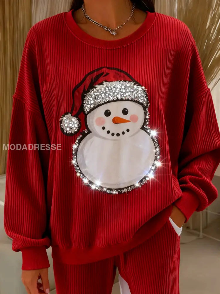 Retro jul snögonman paljetter lösa långärmade tröjar röd / S