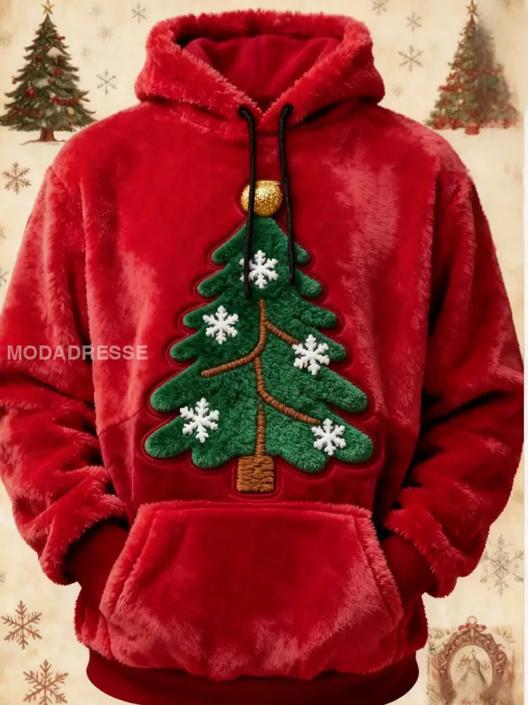 Retro julgran utskrift Fleece Pocket Hooded Sweatshirt röd / S