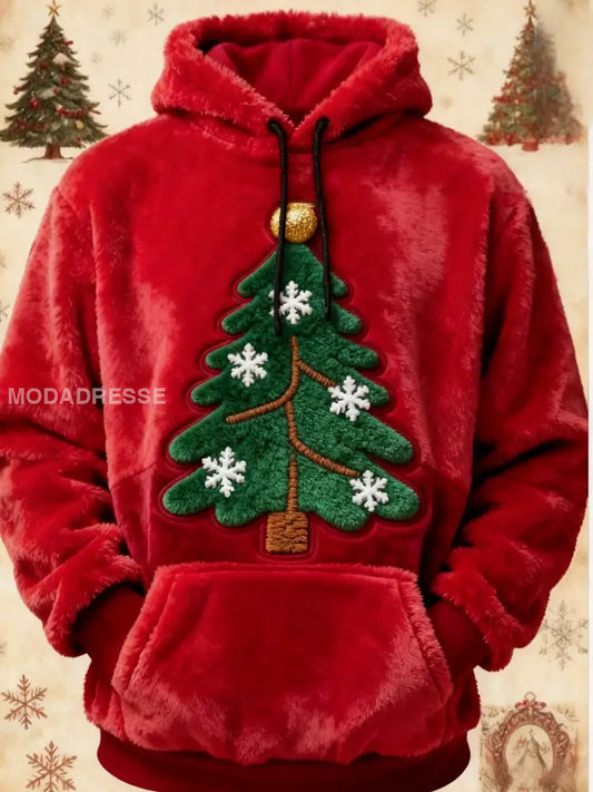 Retro julgran utskrift Fleece Pocket Hooded Sweatshirt röd / S
