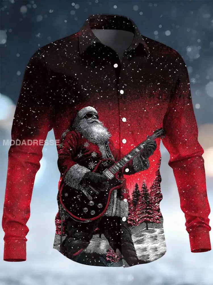Retro Rock Christmas Santa Print Casual Långa ärmad skjorta som bild / S