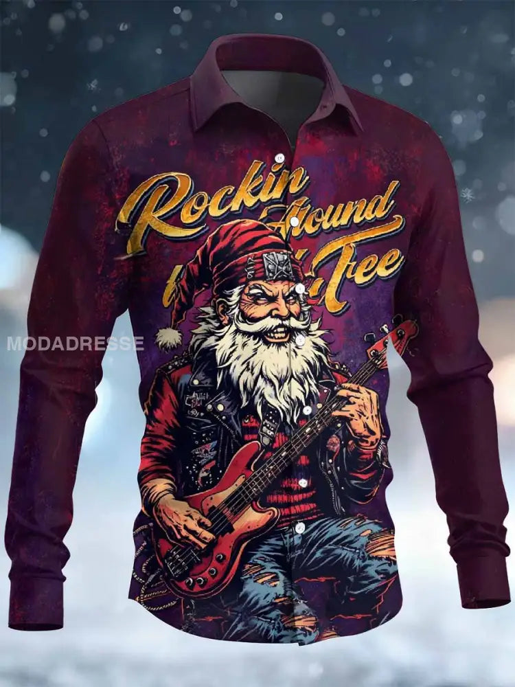 Retro Rock Christmas Santa Print Casual Långa ärmad skjorta som bild / S