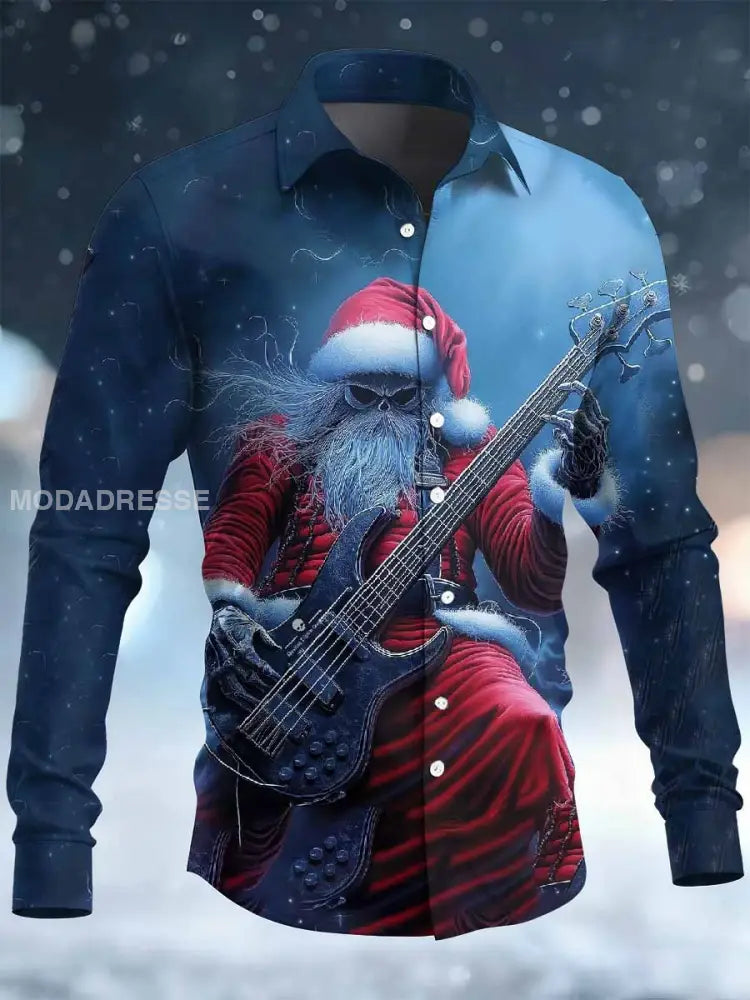 Retro Rock Christmas Santa Print Casual Långa ärmad skjorta som bild / S