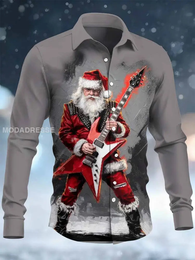 Retro Rock Christmas Santa Print Casual Långa ärmad skjorta som bild / S