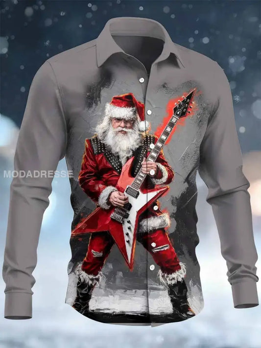 Retro Rock Christmas Santa Print Casual Långa ärmad skjorta som bild / S