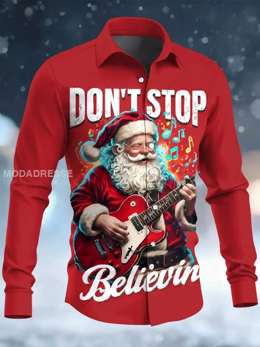 Retro Rock Christmas Santa Print Casual Långa ärmad skjorta som bild / S