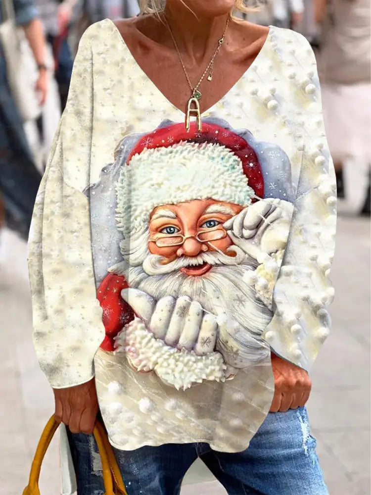 Retro Santa Claus tryckt moderiktig V-hals pullover långärmade topp A / S