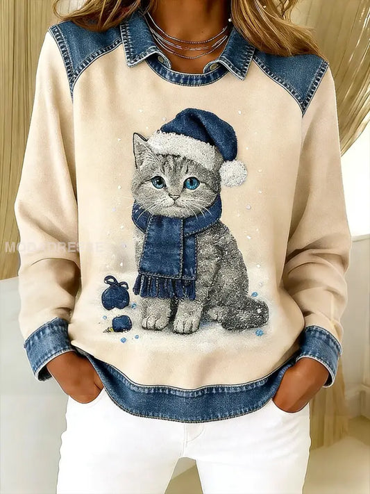 Retro söt katt Denim Scarf patchwork tryckt Casual Loose Lång ärm Lapel Sweatshirt Aprikot / S