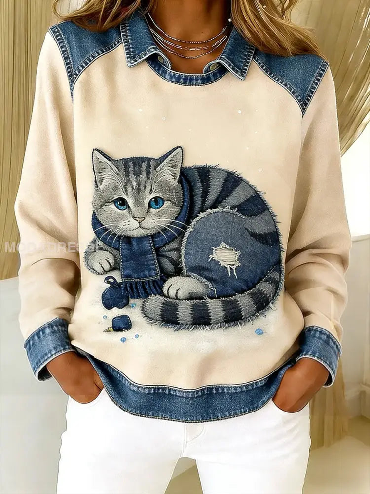 Retro söt katt Denim Scarf patchwork tryckt Casual Loose Lång ärm Lapel Sweatshirt aprikot / S