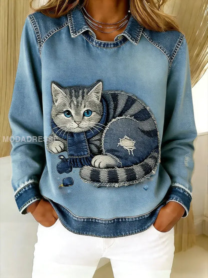 Retro söt katt Denim Scarf patchwork tryckt Casual Loose Lång ärm Lapel Sweatshirt blå / S