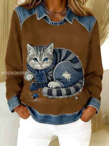 Retro söt katt Denim Scarf patchwork tryckt Casual Loose Lång ärm Lapel Sweatshirt mörk brun / S