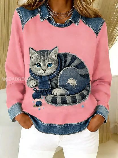 Retro söt katt Denim Scarf patchwork tryckt Casual Loose Lång ärm Lapel Sweatshirt runt / S