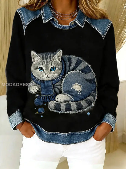 Retro söt katt Denim Scarf patchwork tryckt Casual Loose Lång ärm Lapel Sweatshirt svart / S