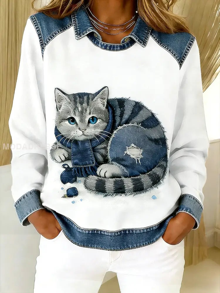 Retro söt katt Denim Scarf patchwork tryckt Casual Loose Lång ärm Lapel Sweatshirt vit / S