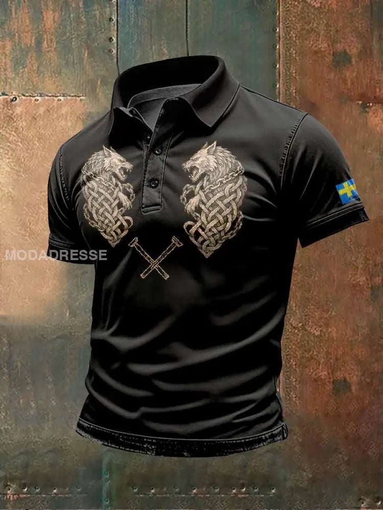 Retro Svensk Pikétröja Med Vikingatryck För Män som bild / S