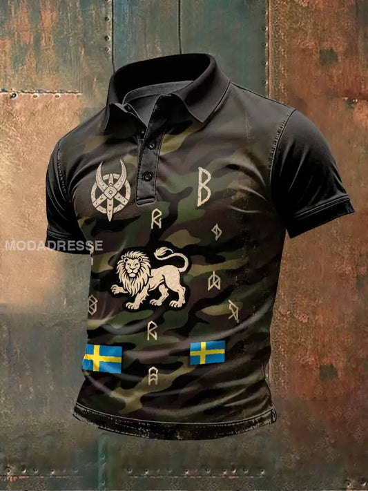 Retro Svensk Viking Camouflage Skriv ut Casual Pikétröja För Män som bild / S