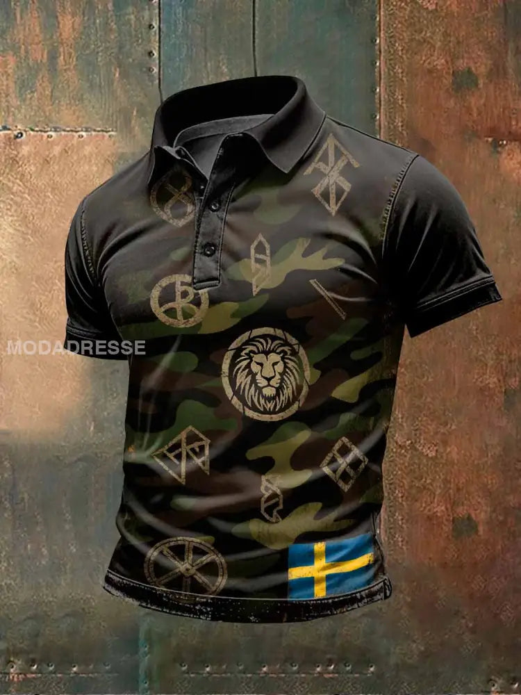 Retro Svensk Viking Camouflage Skriv ut Casual Pikétröja För Män som bild / S