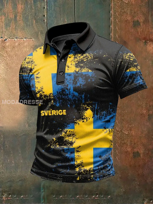 Retro Svenska flagga Svenska Theed Print Casual POLO Skjorta som bild / S