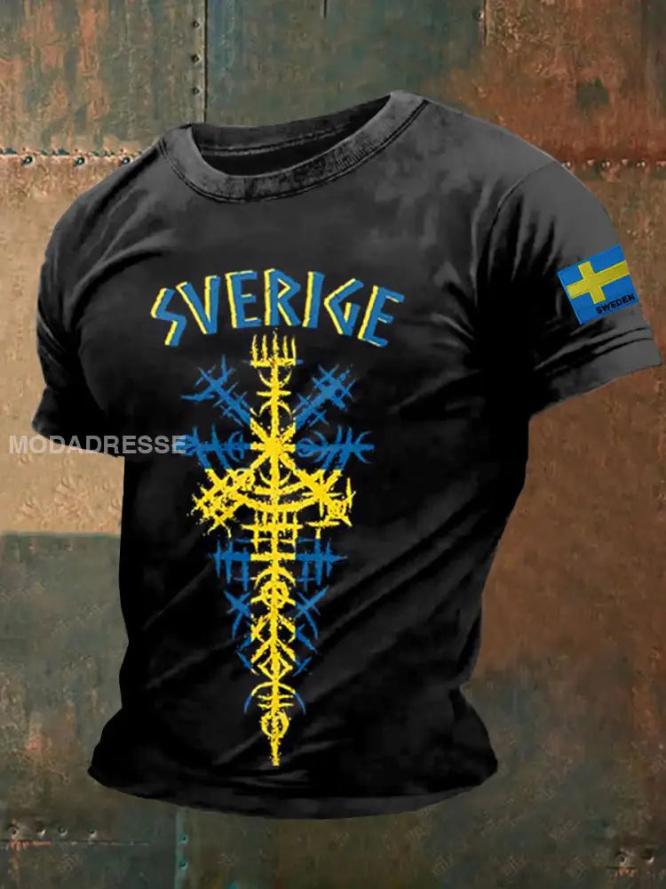 Retro Svenska flagga Svenska Viking Rune Tema Skriv ut Casual T-shirt som bild / S