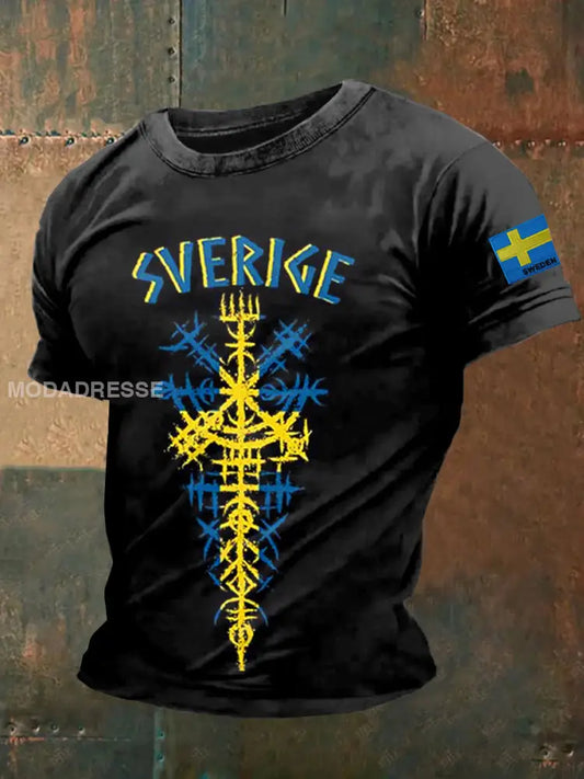 Retro Svenska flagga Svenska Viking Rune Tema Skriv ut Casual T-shirt som bild / S