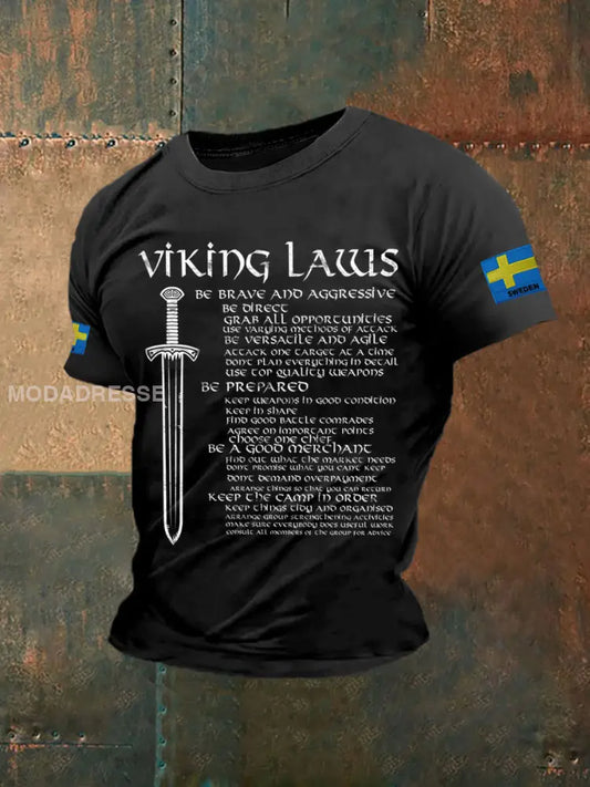 Retro Svenska flagga Svenska Vikingtema Skriv ut Casual T-shirt som bild / S
