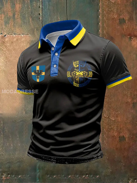 Retro Svenska flagga Svenska Vikingtema Tryckt polo skjorta som bild / S