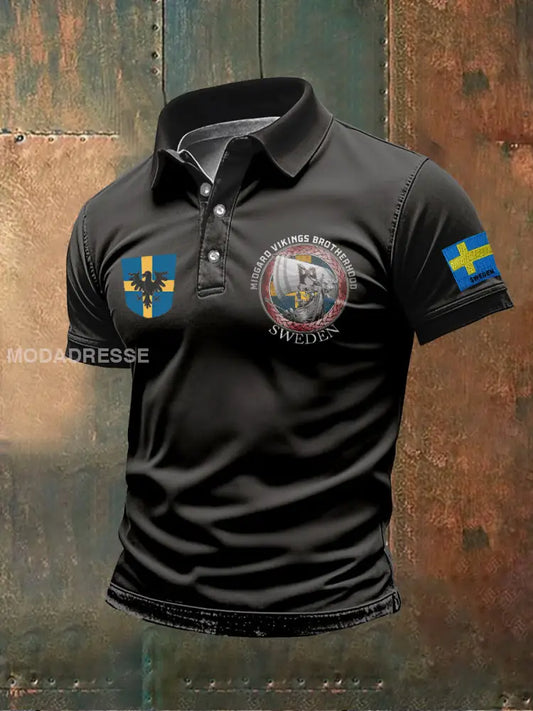 Retro Svenska flagga Svenska Vikingtema Tryckt polo skjorta som bild / S